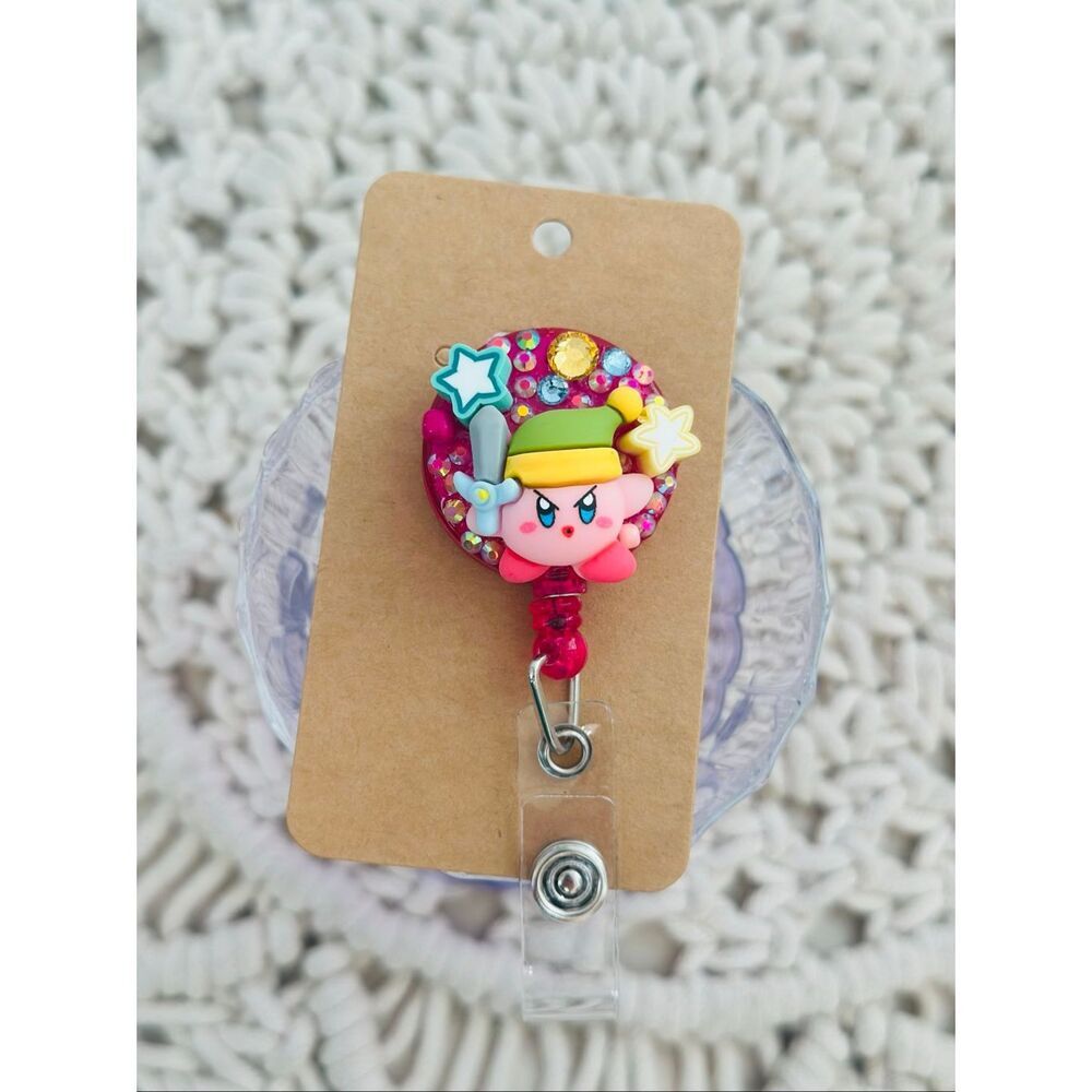 Kirby Zelda Nintendo Character Green & Pink Clip On Badge Reel Handmade